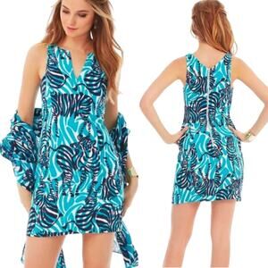 Lilly Pulitzer Madeline Zebra Print Mini Dress I'm Game Print Blue White VNeck 2